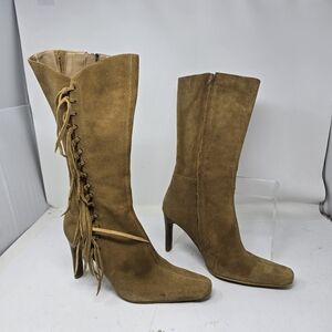 MIA Y2k Womens Size 8 Suefe Leather Carmel Tan Fringe Heel 90s Boots